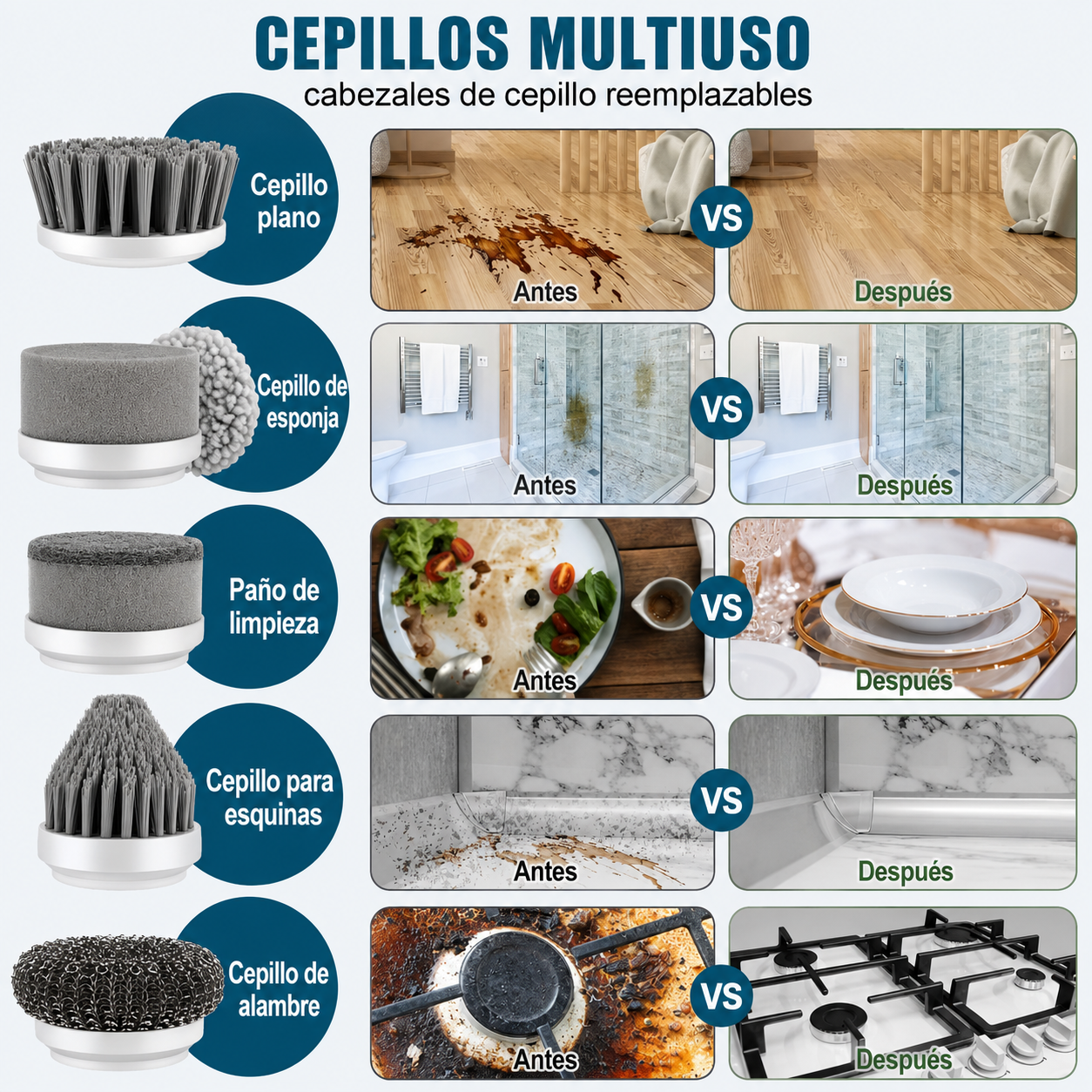 Cepillo Giratorio Eléctrico sin Cable con 6 Cabezales de Cepillo Reemplazables Herramientas de Limpieza Eléctrica